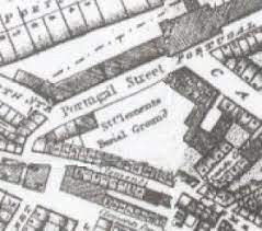 A nineteenth-century map showing a burial ground in the heart of a densely-packed neighbourhood.